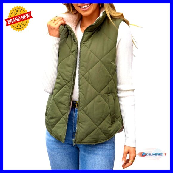 Sleeveless Fleece Jacket Zip Up Pockets Warm Quilted Vest Winter Coat
